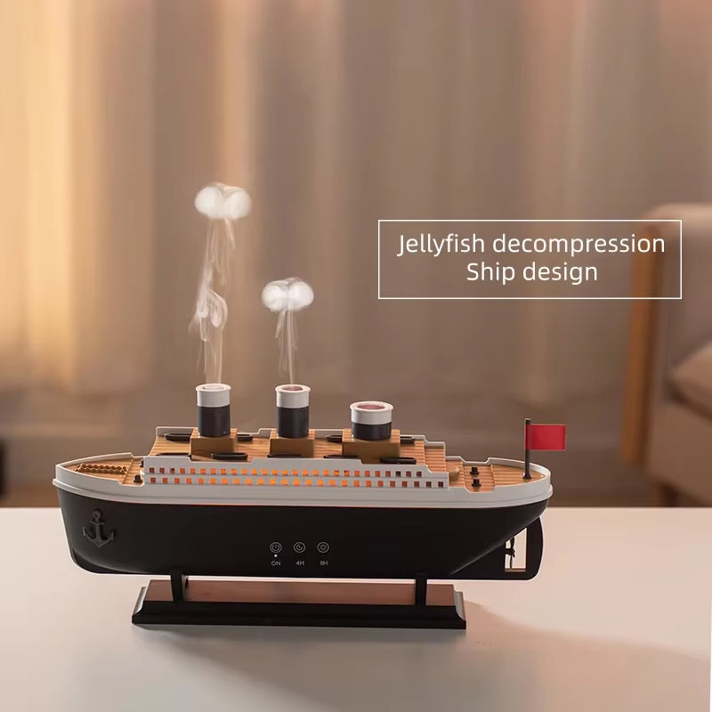 Transform Your Space with the Titanic Ship Model Air Humidifier & Essential Oil Diffuser - Mesmerizing Jellyfish Smoke Ring Effect & 250ml Capacity for Home Comfort