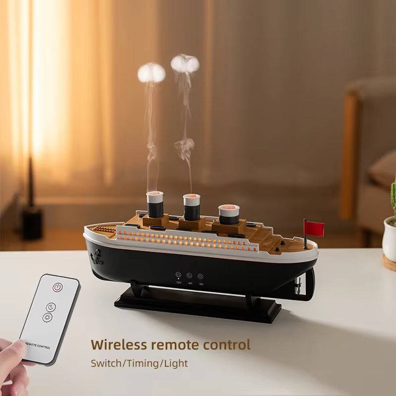 Transform Your Space with the Titanic Ship Model Air Humidifier & Essential Oil Diffuser - Mesmerizing Jellyfish Smoke Ring Effect & 250ml Capacity for Home Comfort