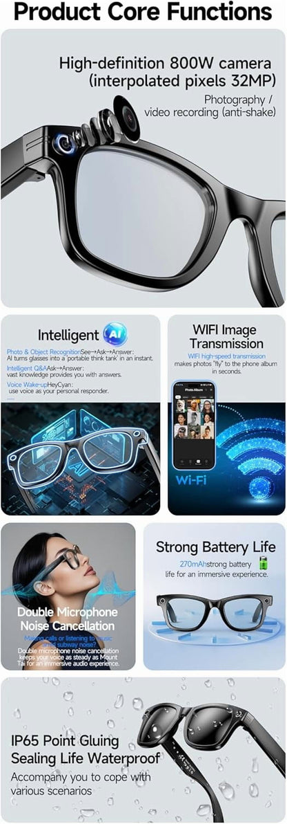 Revolutionary AI Smart Glasses with 800W HD Camera, Bluetooth Connectivity, and UV Protection for Ultimate Comfort and Clarity